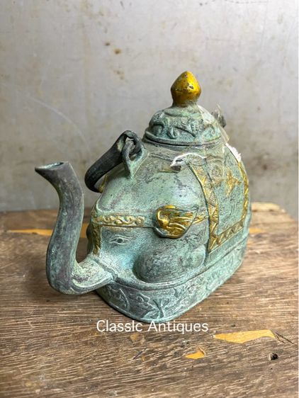 กาน้ำชา ช้าง ทองเหลือง ลงเขียวปัดทอง รูปที่ 3