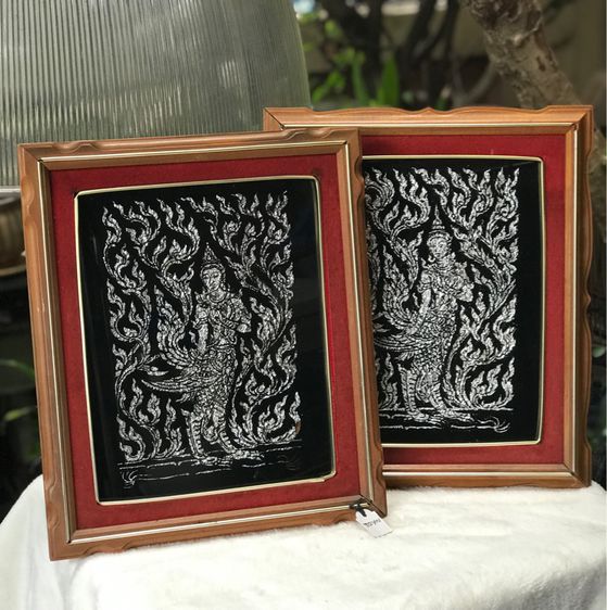 ราคาต่อชิ้น Antique Frames งานกัดกระจกลายกินรี ศิลปะไทย ในกรอบรูปไม้สักโบราณ ตั้งโต๊ะ หรือ แขวนผนัง รูปที่ 2