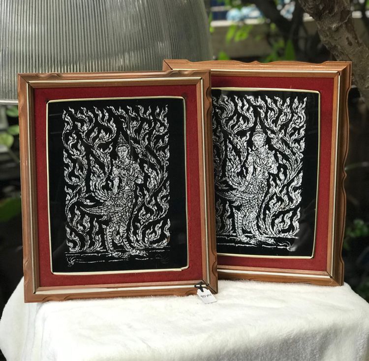 ราคาต่อชิ้น Antique Frames งานกัดกระจกลายกินรี ศิลปะไทย ในกรอบรูปไม้สักโบราณ ตั้งโต๊ะ หรือ แขวนผนัง รูปที่ 3
