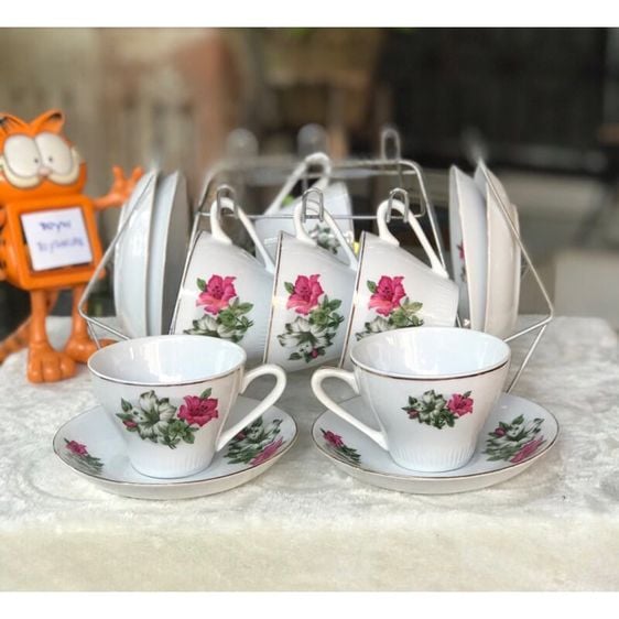 6 ชุด 12 ชิ้น (ถ้วย 6 จานรอง 6)ชุดถ้วยน้ำชา ถ้วยกาแฟพร้อมจานรอง ขอบทอง ลายดอกผักบุ้ง ดอกสวยสีสด