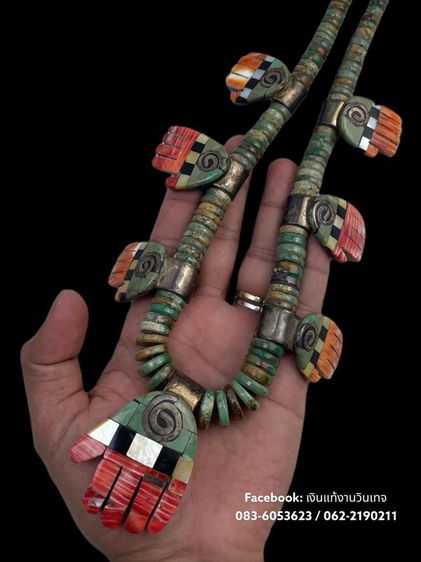 Vintage Santo Domingo sterling Turquoise coral inlay huge hand Necklace signed LG รูปที่ 14