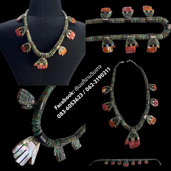 Vintage Santo Domingo sterling Turquoise coral inlay huge hand Necklace signed LG รูปที่ 1
