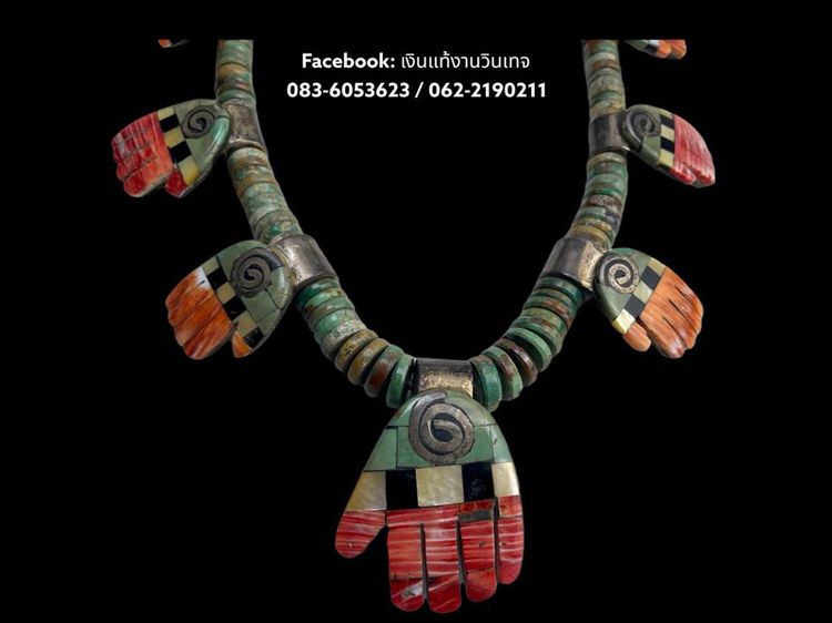 Vintage Santo Domingo sterling Turquoise coral inlay huge hand Necklace signed LG รูปที่ 4