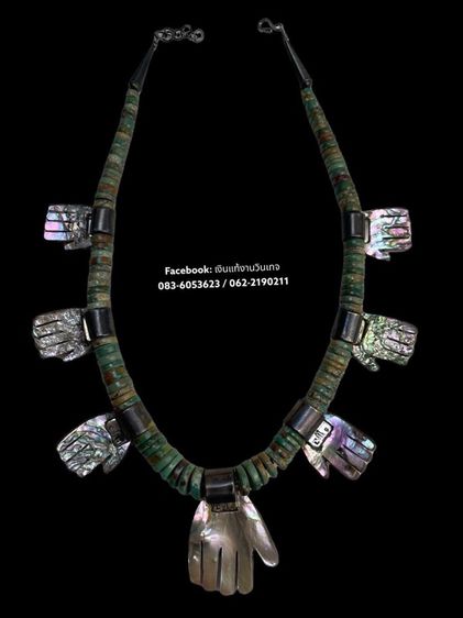 Vintage Santo Domingo sterling Turquoise coral inlay huge hand Necklace signed LG รูปที่ 6