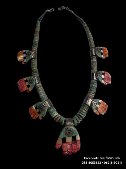 Vintage Santo Domingo sterling Turquoise coral inlay huge hand Necklace signed LG รูปที่ 3