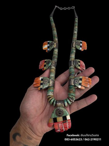 Vintage Santo Domingo sterling Turquoise coral inlay huge hand Necklace signed LG รูปที่ 2