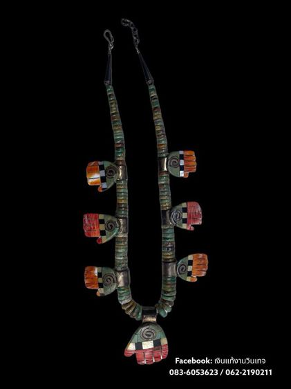 Vintage Santo Domingo sterling Turquoise coral inlay huge hand Necklace signed LG รูปที่ 7