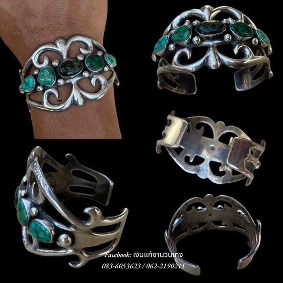 สร้อยข้อมือ กำไลเงินเเท้ งานวินเทจอเมริกา Native American Navajo Turquoise Sterling Silver Sand Cast Cuff Bracelet