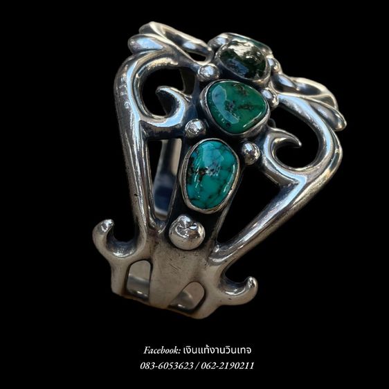 กำไลเงินเเท้ งานวินเทจอเมริกา Native American Navajo Turquoise Sterling Silver Sand Cast Cuff Bracelet รูปที่ 10