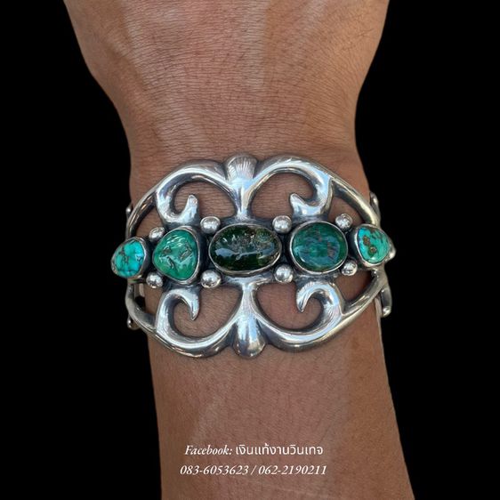กำไลเงินเเท้ งานวินเทจอเมริกา Native American Navajo Turquoise Sterling Silver Sand Cast Cuff Bracelet รูปที่ 16