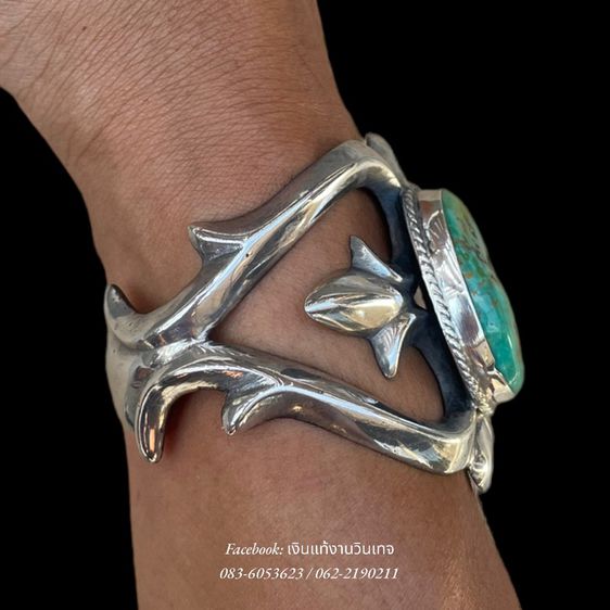 กำไลเงินเเท้งานวินเทจอเมริกา Vintage Native American Sandcast Sterling Silver Turquoise Cuff Bracelet รูปที่ 13
