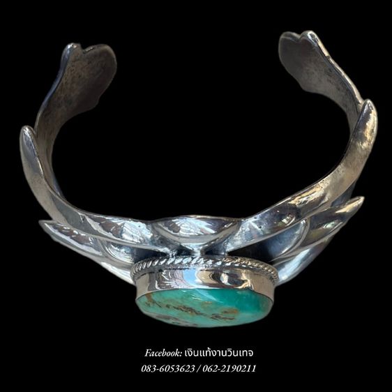 กำไลเงินเเท้งานวินเทจอเมริกา Vintage Native American Sandcast Sterling Silver Turquoise Cuff Bracelet รูปที่ 6