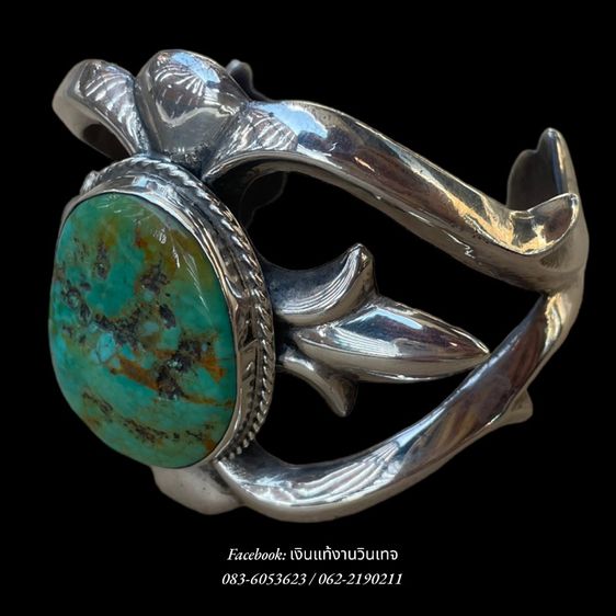 กำไลเงินเเท้งานวินเทจอเมริกา Vintage Native American Sandcast Sterling Silver Turquoise Cuff Bracelet รูปที่ 4