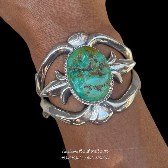กำไลเงินเเท้งานวินเทจอเมริกา Vintage Native American Sandcast Sterling Silver Turquoise Cuff Bracelet รูปที่ 12