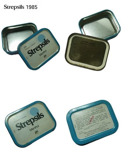 กล่องเหล็กสังกะสี Strepsils (สเตร็ปซิล) รุ่นเก่ากลมฟ้าอ่อน ปี 1985 รุ่นแรกเก่าเก็บ