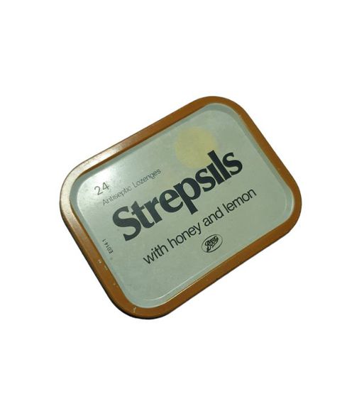 กล่องเหล็กสังกะสี Strepsils (สเตร็ปซิล) รุ่นเก่าสีน้ำตาลอ่อน ปี 1985 รุ่นแรกเก่าเก็บ รูปที่ 2