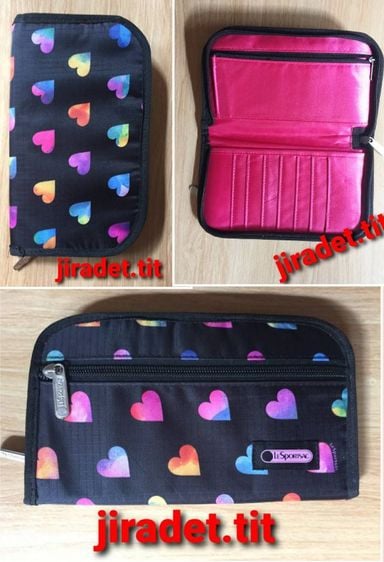 กระเป๋าสตางค์ LESPORTSAC แบบมีซิปรูดปิด-เปิดรอบใบ ขนาดเพียง 13×22×2.5 cm.  กระเป๋าสีดำลายหัวใจหลากสี สินค้าคัดมาจากโกดังญี่ปุ่น (จัดส่งฟรี)