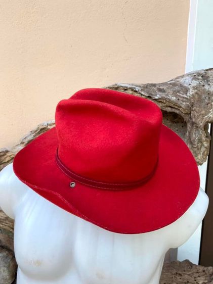 หมวกสักหราด แนวคาวบอย สีแดง ปีกแข็งปานกลาง งานกระสอบ รูปที่ 2