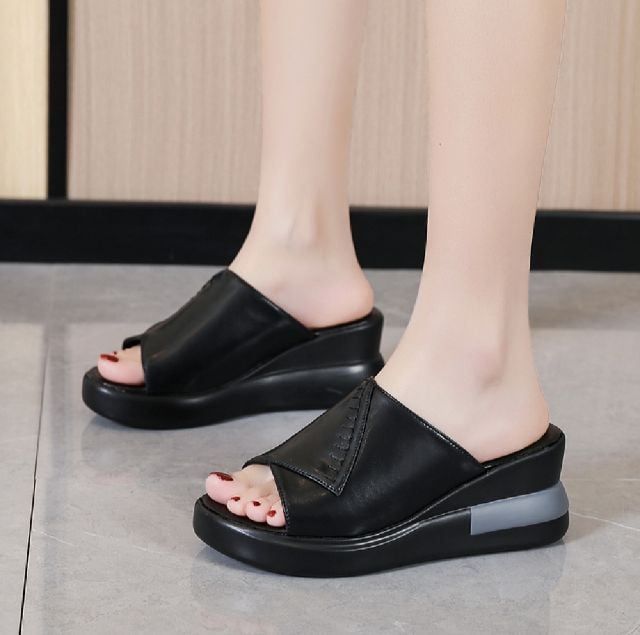 รองเท้าแตะแบบลำลอง ดำ รองเท้าแบบสวม รองเท้าแตะพื้นสูง 7cm แฟชั่นรองเท้าลำลองผู้หญิง  36-40