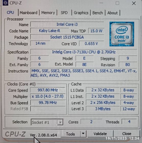โลโนโว Yoga 530 สีฟ้า บอดีอลูมิเนียม Screen Size	14.0 inch Processor	Intel Core i3-7130U Processor Speed	2.7 GHz up to 3.4 GHz  รูปที่ 12