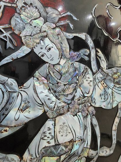 ไม้ แกะสลัก เคลือบ ฝังมุก เดิมๆ เก่าเก็บ หายาก วินเทจ โบราณ 4 ชิ้น หายาก รูปที่ 7