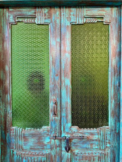 ประตูไม้วินเทจสีฟ้ากระจกเขียว รูปที่ 3