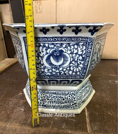 กระถาง กังไสลายคราม หกเหลี่ยมลายผักชี รูปที่ 16