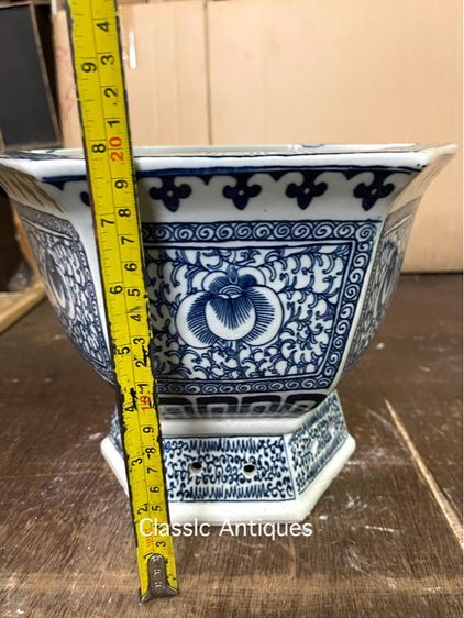 กระถาง กังไสลายคราม หกเหลี่ยมลายผักชี รูปที่ 8