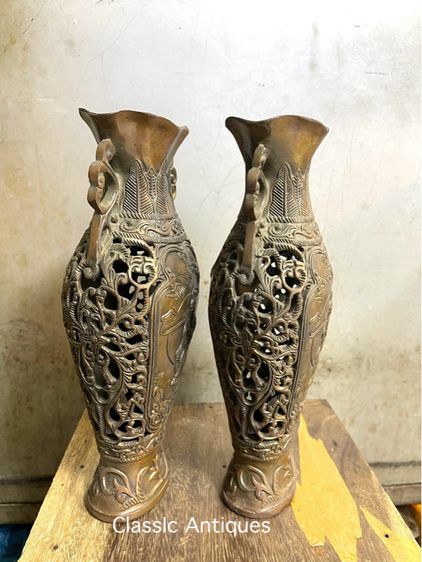 แจกัน ฉลุลาย เทพจีนทองเหลืองสะสมA9 รูปที่ 5