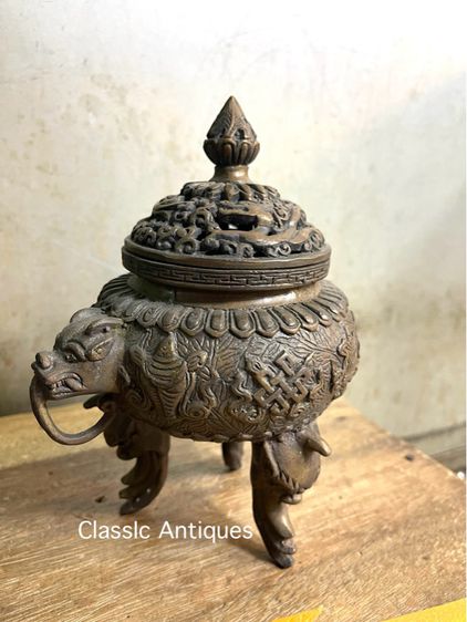 กระถาง กำยาน หูสิงห์ลายของมงคล8อย่าง ทองเหลืองสะสม A73 รูปที่ 2