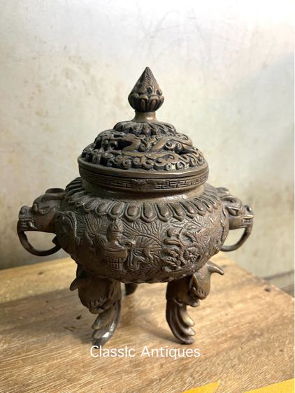 กระถาง กำยาน หูสิงห์ลายของมงคล8อย่าง ทองเหลืองสะสม A73 รูปที่ 4