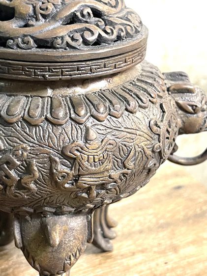 กระถาง กำยาน หูสิงห์ลายของมงคล8อย่าง ทองเหลืองสะสม A73 รูปที่ 5