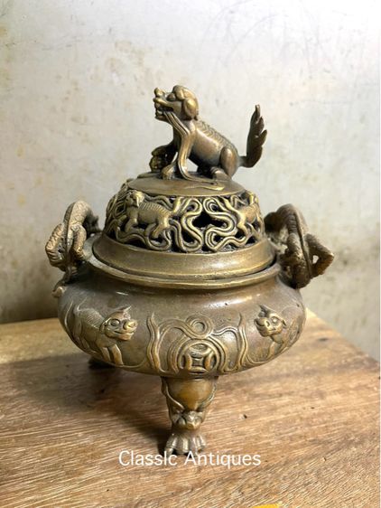 กระถางกำยาน หมาจูทองเหลืองสะสม A32 รูปที่ 2