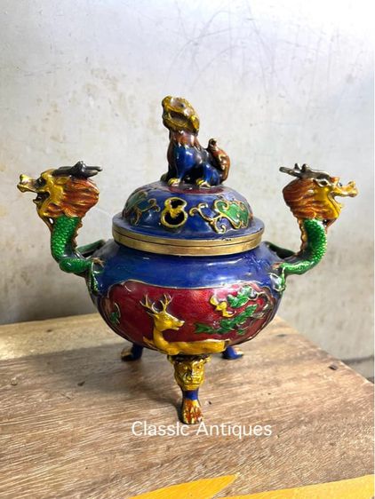 กระถางกำยานมังกร ทองเหลืองลงยา สะสม A50