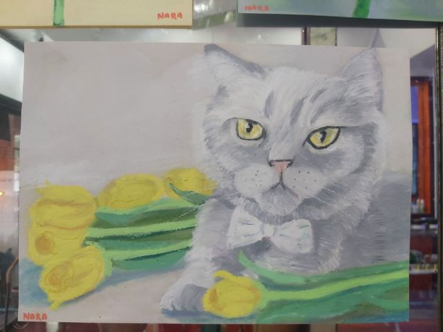 ภาพวาดน้องแมวกับดอกทิวลิป
เทคนิคสีชอล์คน้ำมันบนกระดาษ
ขนาด a4 รูปที่ 2