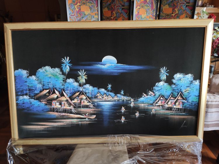 Thai Village on the River at Night Picture with frame 91cm x 147cm รูปที่ 2