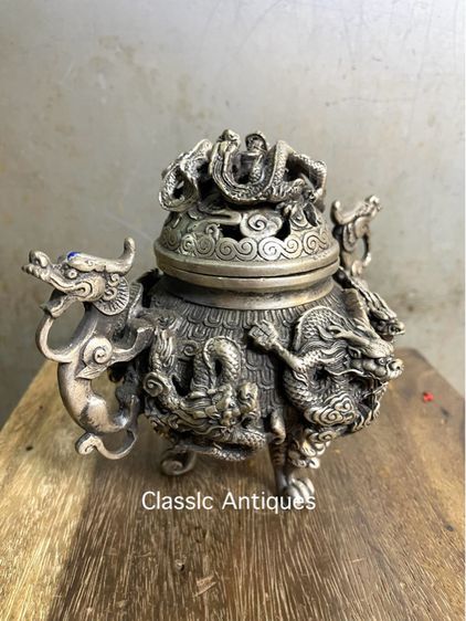 กระถางกำยาน มังกรทองเหลือง กะไหล่เงินA30 รูปที่ 2