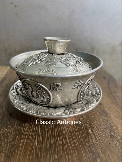 ถ้วยน้ำชา 4 สัตว์จตุรเทพ กะไหล่เงินA1 รูปที่ 2