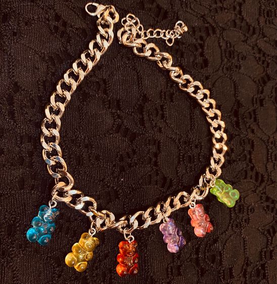 Gummy bear Silver Tone Curb Chain Multicolor Gummy Bear Choker Necklace รูปที่ 6