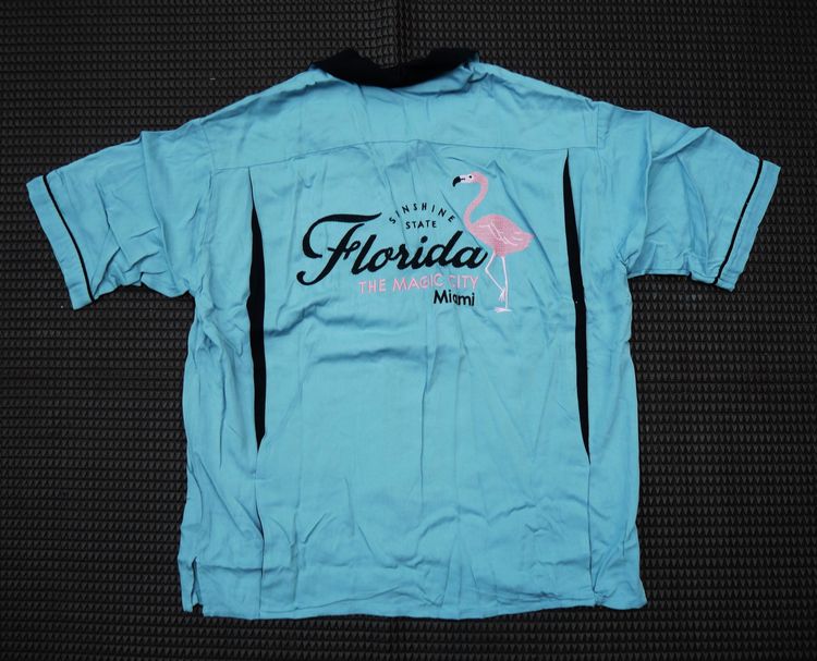 Flamingo Bowlingshirt Blue Pink Sunshine florida The magic city Miami Rayon shirt รูปที่ 2