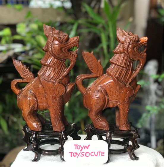 สิงห์คู่ไม้สัก ทวารบาลแห่งอำนาจและความเจริญรุ่งเรือง Vintage Hand Carved Wooden Chinese Foo Dog Statue Figurine รูปที่ 5