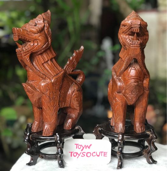 สิงห์คู่ไม้สัก ทวารบาลแห่งอำนาจและความเจริญรุ่งเรือง Vintage Hand Carved Wooden Chinese Foo Dog Statue Figurine รูปที่ 8