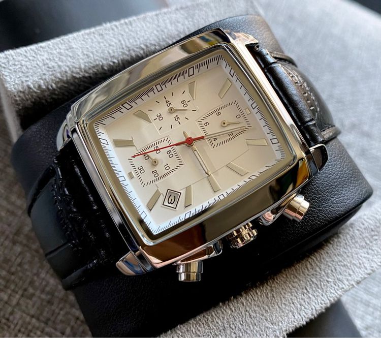 Luxury Watch สี่เหลี่ยมหน้าปัดขาว สายหนัง โครโนกราฟ  รูปที่ 9
