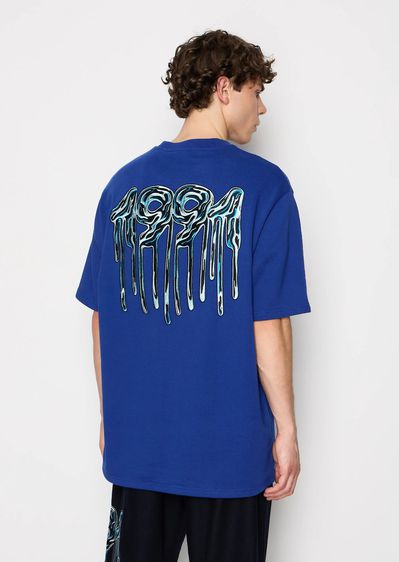 Armani Exchange French terry cotton drip logo T-Shirt ของแท้ ของใหม่ ไซส์ M ทรง Oversize สีน้ำเงิน ขนาดอก 48  รูปที่ 2