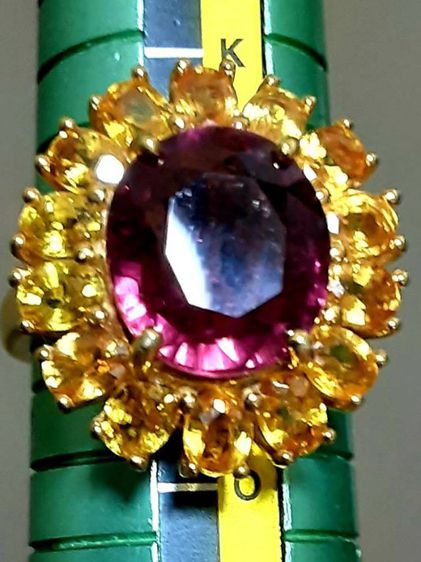 พลอยรูเบลไลต์ 4.77กะรัต ล้อมบุษราคัม 3.45กะรัต ตัวเรือนเงินชุบทอง รูปที่ 9