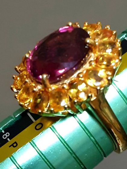 พลอยรูเบลไลต์ 4.77กะรัต ล้อมบุษราคัม 3.45กะรัต ตัวเรือนเงินชุบทอง รูปที่ 15