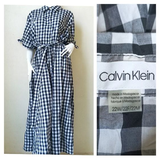 Calvin Klein แขนสั้น แม็กซี่เดรส ลายตาราง ขาว -ดำ ผ้าคอตตอนไม่ Size XL- XXL รอบอก 58 นิ้วค่ะ