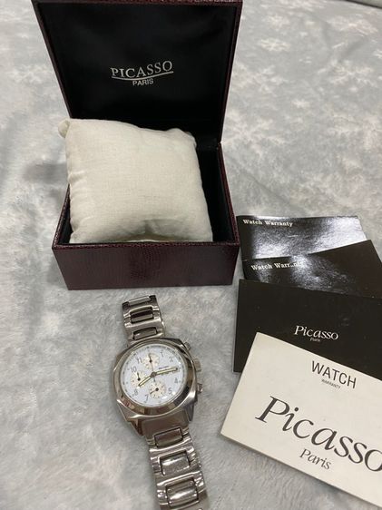 นาฬิกา PICASSOผู้ชาย โคโนกราฟ สายสเตนเลสหน้าขาว กันน้ำ  มีกล่อง สภาพสวย มีกล่อง มีสายสำรอง รูปที่ 5