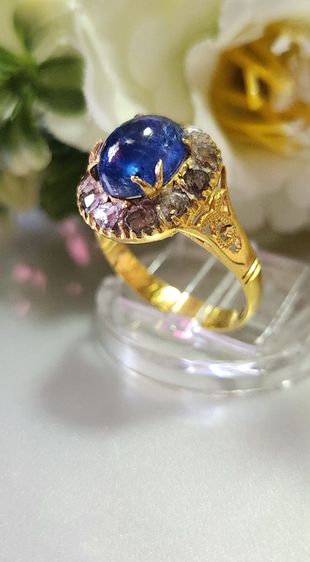 (Sale..5,900.-) แหวนไพลินล้อมเพชรซีกแท้ทอง 9k รูปที่ 3
