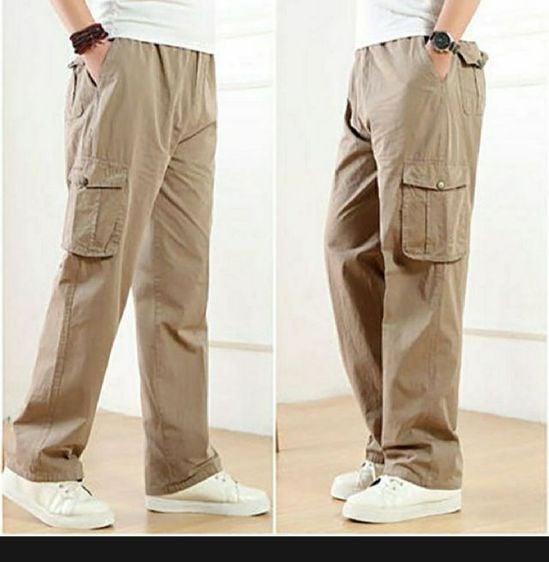 กางเกงขายาววินเทจทรงบอย รุ่นมีเชือก เอวสม็อคกางเกงช่าง กางเกงลุยป่า กระเป๋าข้าง กางเกงผู้ชาย XL-3xl รูปที่ 3